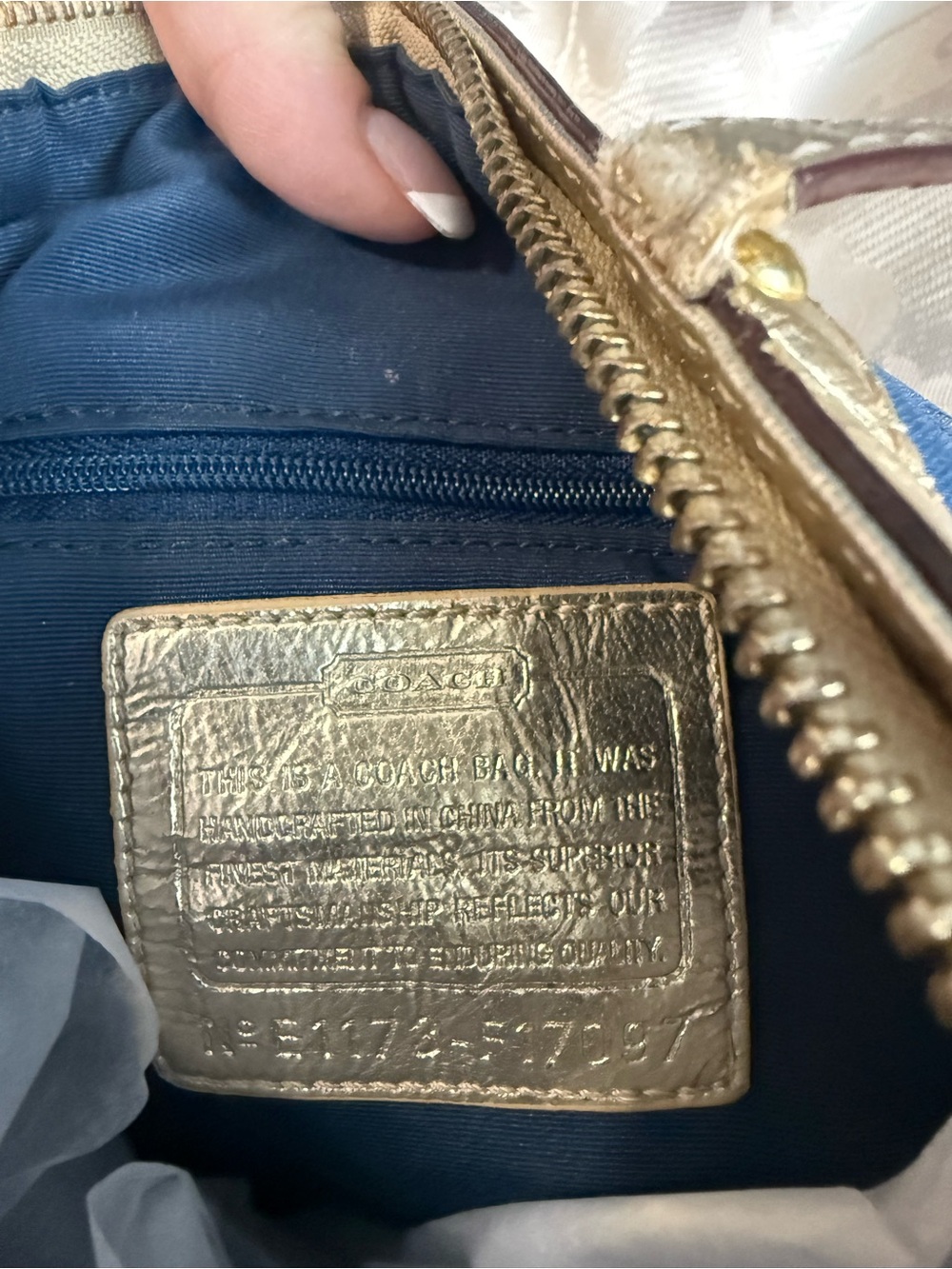 Coach Blue Graffiti Script Tote Bag Gold Trim Heart Charm Zip Top Purse - Picture 5 of 10